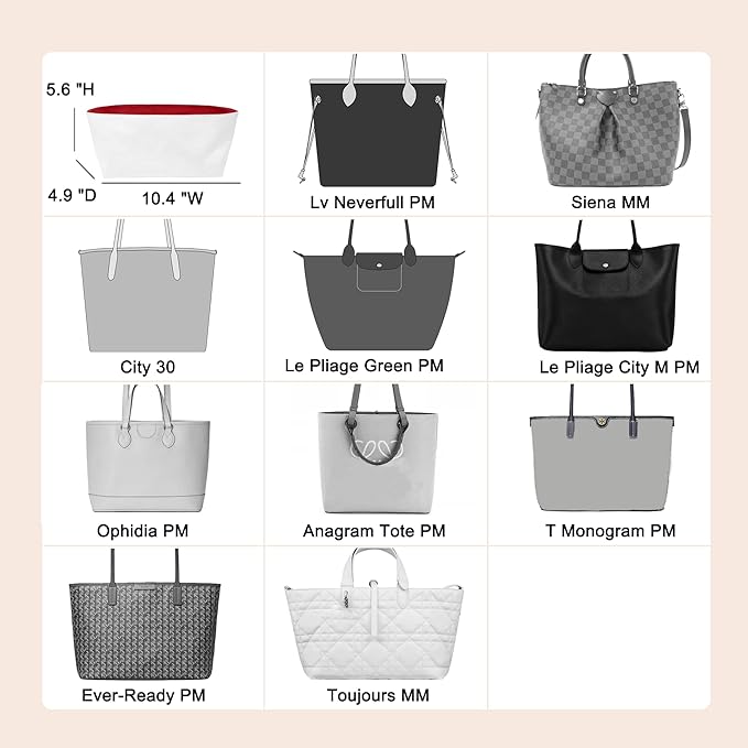 Doxo Purse Organizer Insert,Tote Bag Insert for LV Neverfull PM, C.oach City 30 and More, Ultra Lightweight Bag Organizer Insert with Zipper (Medium,White-red)