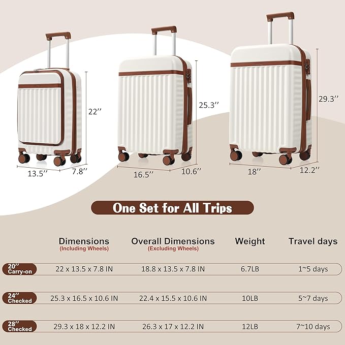 Hardshell Luggage, Lightweight Suitcase with Spinner Wheels, WHITE BROWN+USB