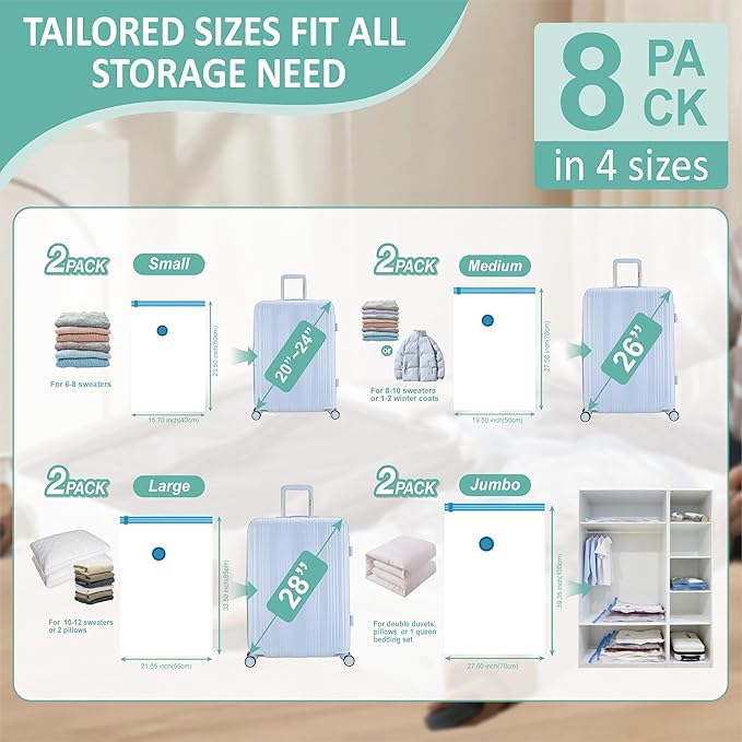 Cozy Essential Travel Vacuum Storage Bags with Rechargeable Cordless Electric Pump, Space Saver Bags for Luggage, Suitcase, Carry-On, for Clothes, Blankets, Comforters, Pillows, 8 Combo