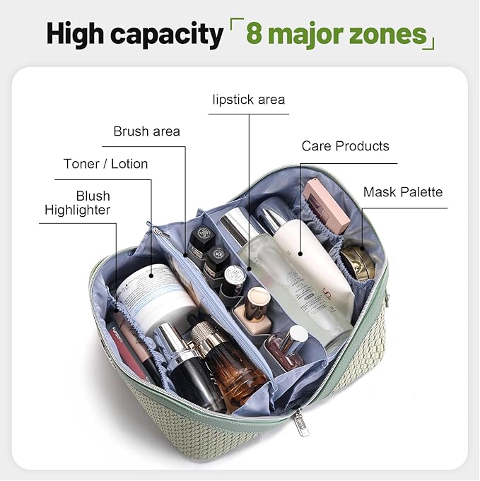 BOYATU Travel Makeup Bags for Women: Large Capacity Make up Bag with Wide Opening - 3 Pcs Set Waterproof Travel Toiletry Organizer for Full-Sized Bottles, Cosmetics & Brushes (Light Green-W)