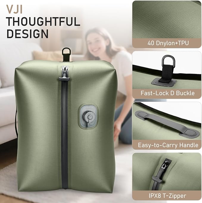VJI Reusable Vacuum Bag for Travel, IPX8 Waterproof Compression Storage Bag for Luggage and Closet, Space Saving and Leakproof Packing Organizer (Green, With pump)