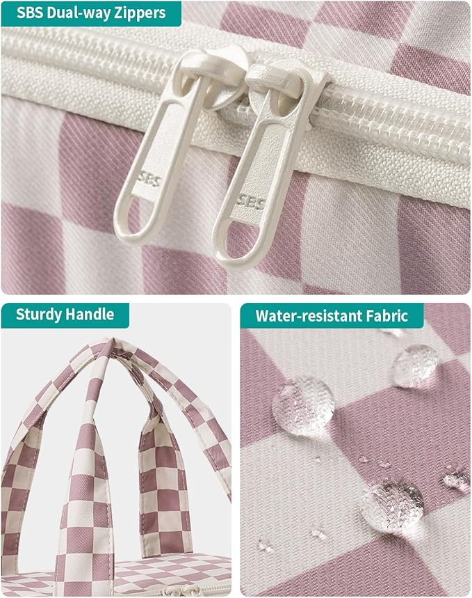 Narwey Checkered Travel Toiletry Bag for Women Large Makeup Bag, Wide-open Cosmetic Make Up Organizer with Handle, Travel Bag for Toiletries, Essentials, Accessories (Dusty Pink Checkerboard)