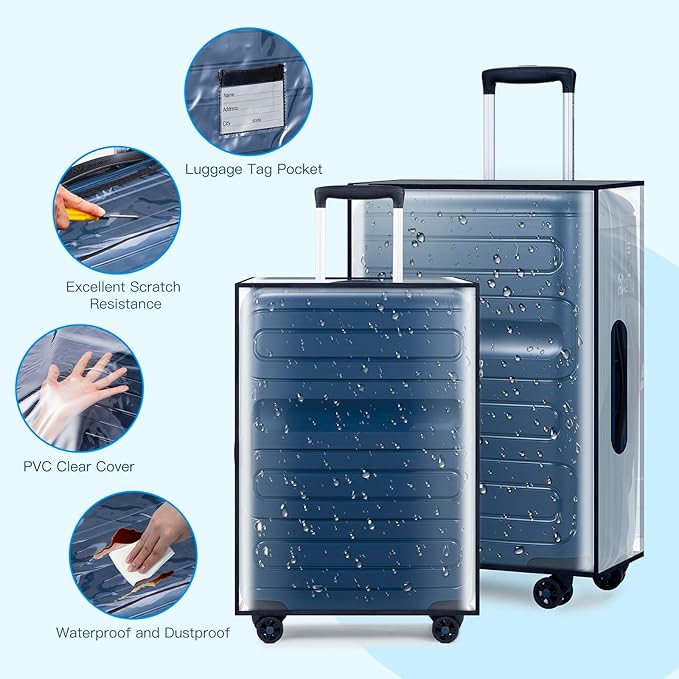 30 Inch Clear PVC Luggage Cover, Waterproof Suitcase Protector with Tag Pocket, Reusable Dustproof Travel Cover for 30” Checked Luggage