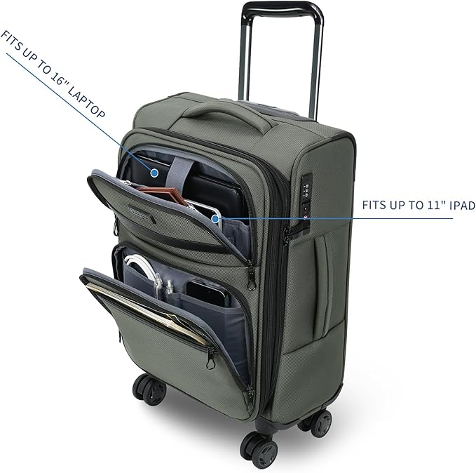 KROSER Softside Expandable Carry On Luggage with Front Business Pockets，20 Inch Suitcases with Spinner Wheels & Built-in TSA Lock, Durable Suitcase Rolling Luggage with USB Port, Army Green