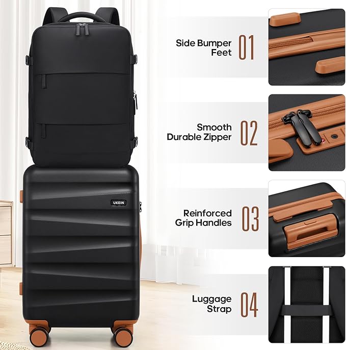 UKEIN Luggage Set with Backpack,Polycarbonate Carry On Luggage Airline Approved with Spinner Wheels, Hardshell Travel Suitcase with TSA Lock,Suitcase Set 3 Piece