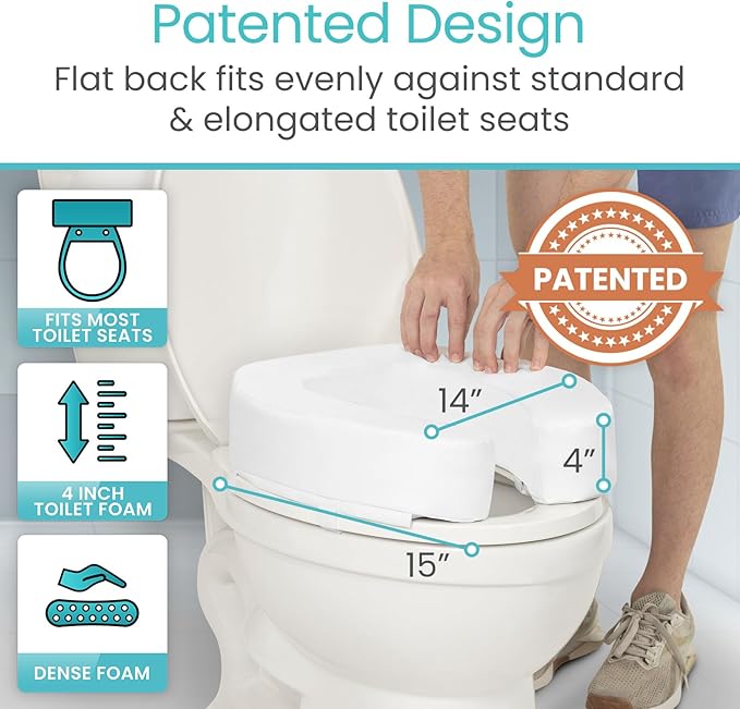 Vive Toilet Seat Riser Cushion for Seniors - Universal Fit - Raised Toilet Seat with High-Density Foam for Elongated & Standard - Firm Handle, Cushioned & Padded - Elevated Medical Handicap Lifter