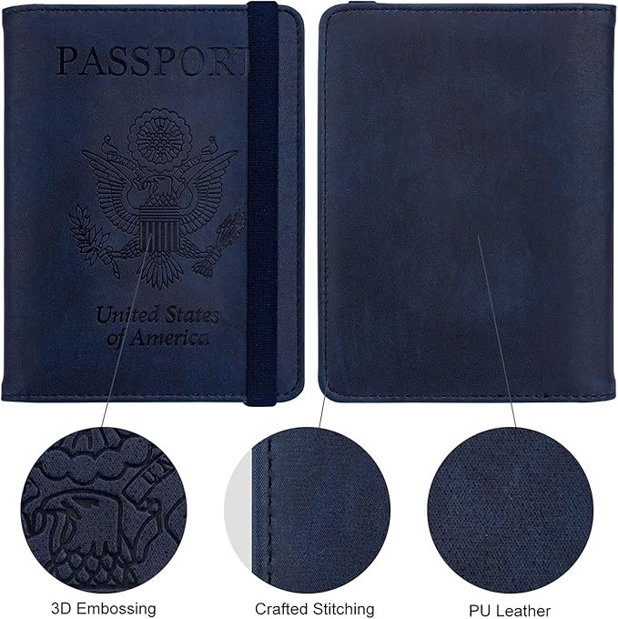 WALNEW Passport Holder for Travel, RFID Passport Cover Wallet for Women Men, PU Leather Passport Book Card Holder Case with Pen (Upgraded, Upgraded-Navy Blue)