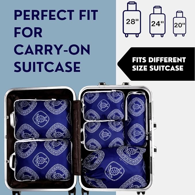 6-Set Compression Packing Cubes for Travel with Drawstring Backpack-Luggage Organizers for Suitcase-Water Resistant, Lightweight Vacation Essentials, Blue Turtle