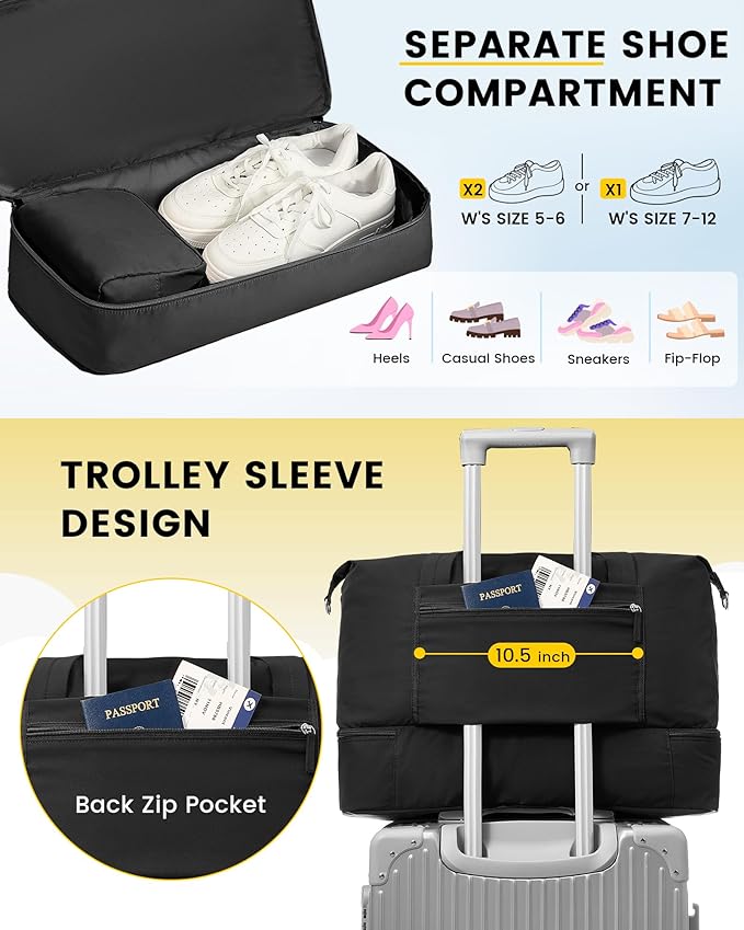 Vorspack Duffle Bag for Travel - 30L Gym Bag for Women Men Personal Item Travel Bag with Shoe Pocket Toiletry Bag Lightweight Carry On Bag for Weekender Overnight Sports - Black
