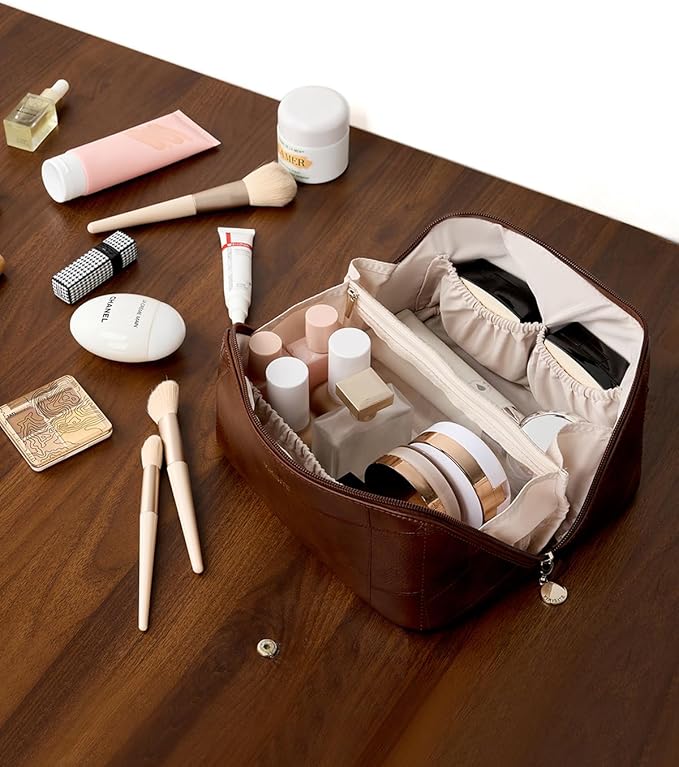 Makeup Bag, Travel Cosmetic Bags toiletry bag for Women, Waterproof PU Leather Make Up Pouch Organizer Travel Essentials Organizer with Divider (Brown)