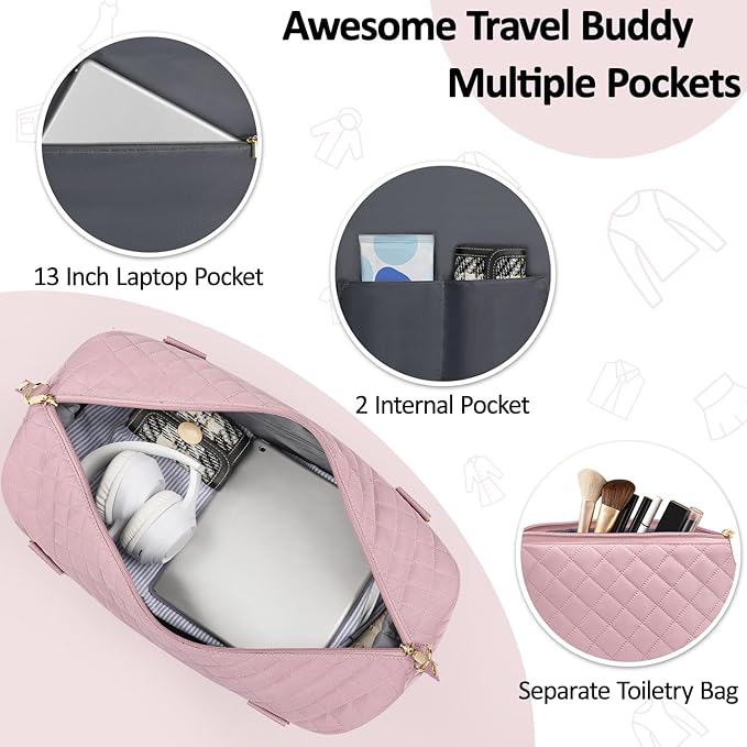 Quilted Travel Duffle Bag for Travel Women with Toiletry Bag, Large Weekender Bags for Women Carry on Duffel Overnight Bag, Waterproof Travel Tote Bags for Sports, Weekender, Business, Pink