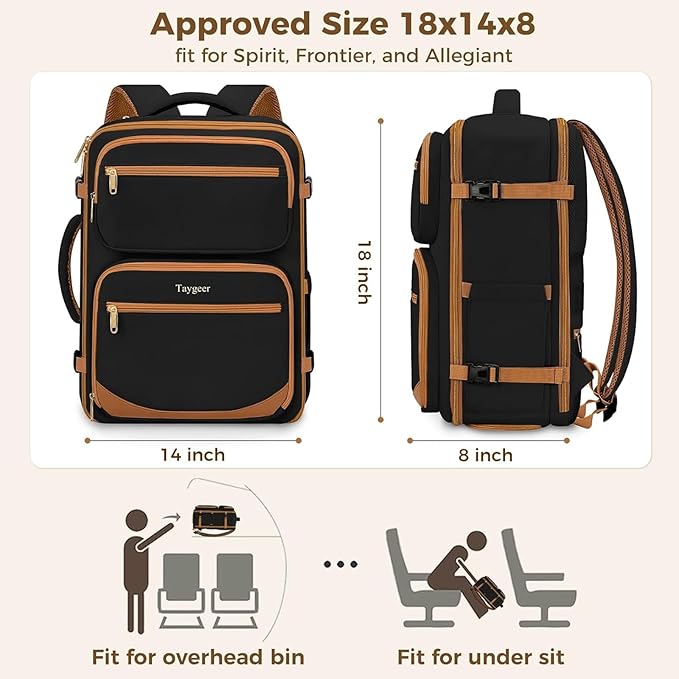 Taygeer Frontier Airlines Personal Item Bag 18x14x8, Underseat Carry on Backpack with Makeup Compartment, 40L Travel Backpack for Women & Men Fits Spirit Frontier Allegiant, Black Brown