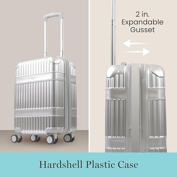 Martha Stewart The Bedford 22 Inch Carry On Luggage, Hardshell Rolling Suitcase with Spinner Wheels, Silver
