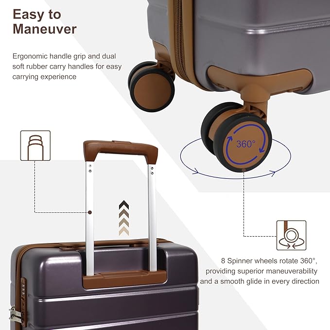 20-Inch Carry-On Luggage Set (3-Piece) – Lightweight & Durable Hardshell Spinner Suitcase with TSA Lock | PC+ABS Material | Airline Approved for Business and Family Travel, in Purple