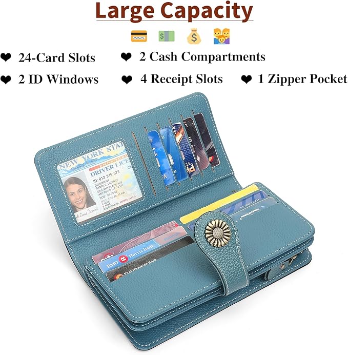 SENDEFN Wallets for Women Leather Credit Card Holder with RFID Blocking Large Capacity Wristlet | with RFID Blocking, Large Capacity, Wristlet, with RFID Blocking, Large Capacity, Wristlet