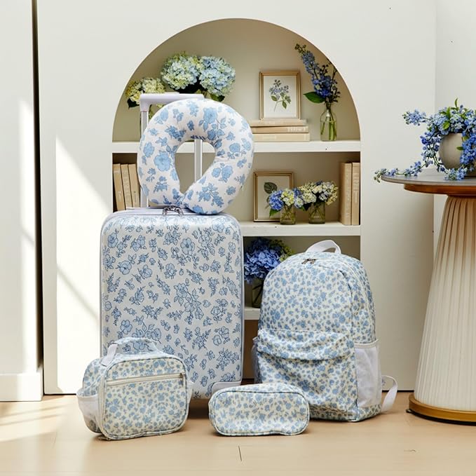 Redbaker 18 Inch 6 Pcs Kids Luggage Set Kids Rolling Luggage Double Pattern Suitcase for Boys Girls Gifts(Light Blue, Flower Style)
