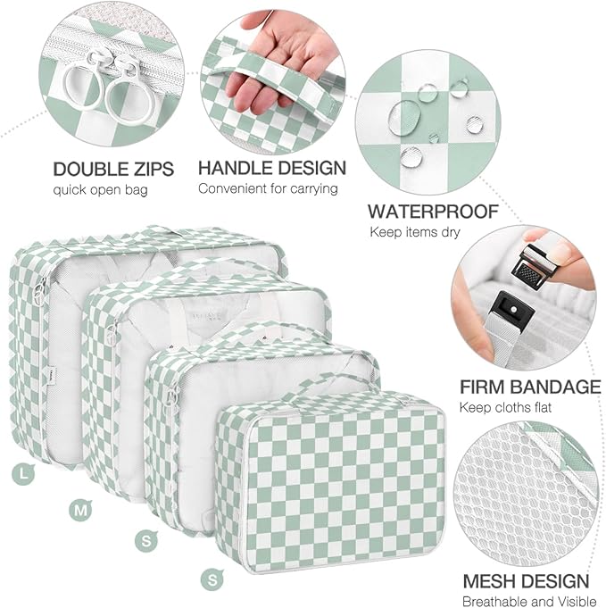 8 Set Packing Cubes for Suitcases,Suitcase Organizer with Shoe,Cosmetics,Clothing, and Accessories Bags for Travel Luggage Organizer Women Men(Green Checkered)