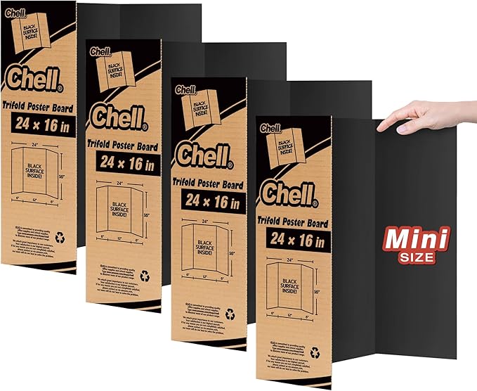 Chell Mini Size Trifold Poster Board, 16" x 24", Small Corrugated Project Boards, Black, 4 Pack