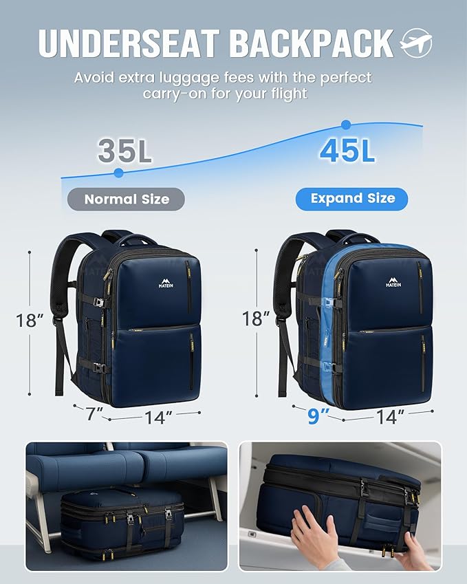MATEIN Personal Item Backpack 18x14x8, Expandable TSA Approved Underseat Travel Backpack Fit 17.3 inch Laptop, Large Carry on Bag Luggage with Shoe Compartment Removable for Frontier Airlines, Blue