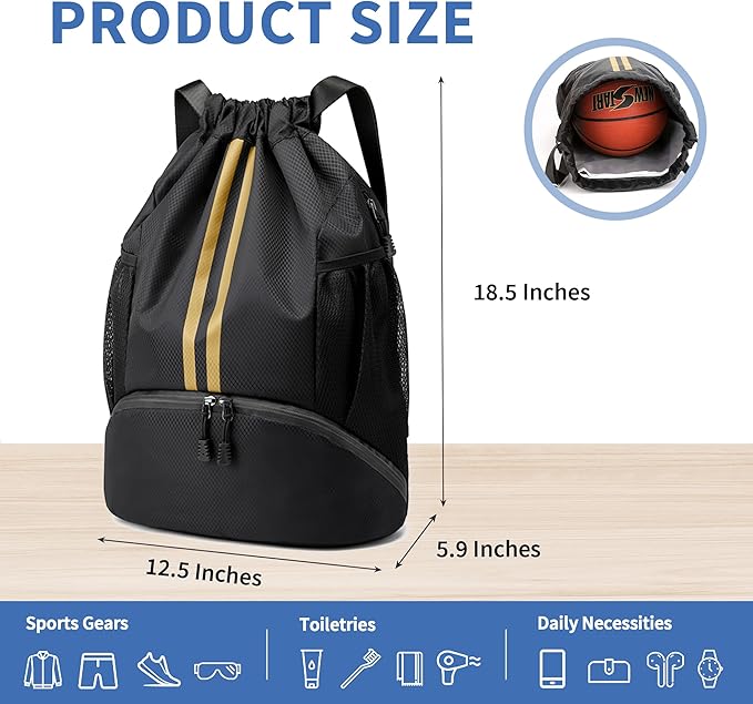 Drawstring Backpack Gym Bag with Shoes Compartment for Soccer, Basketball, Swim, Water-Resistant String Backpack Beach Cinch for Women Men, Black Gold