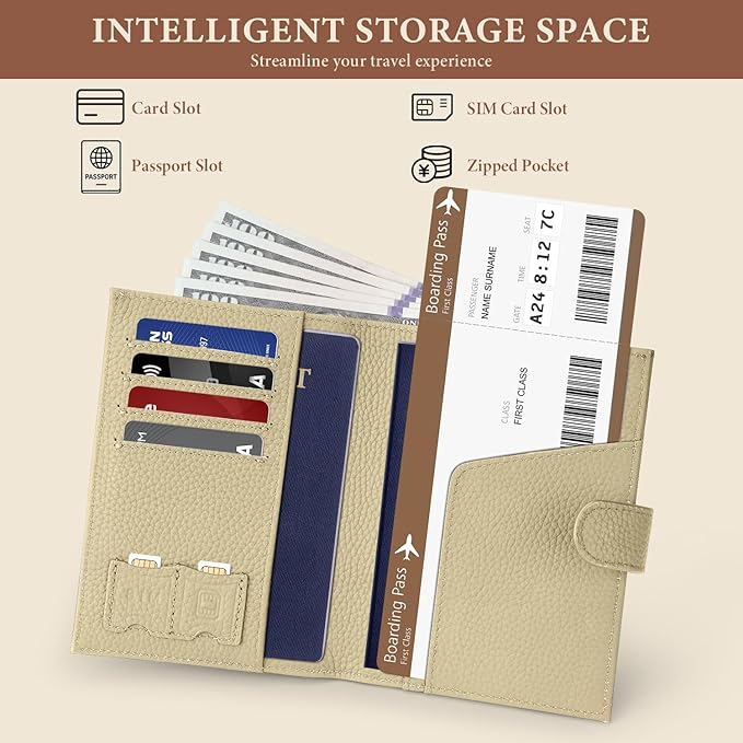 Genuine Leather Passport Holder for Women Men, Hidden Airtag Pocket, RFID Blocking, Zippered Coins Pocket & Cash Compartment Travel Gifts Essentials Passport Cover Case - Warm Grey