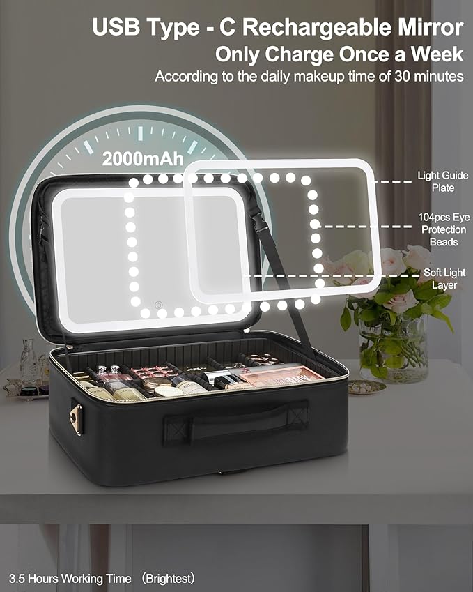 Relavel Travel Makeup Bag With LED Mirror, 16.2" Large Makeup Train Case, 3 Color Scenarios Adjustable Brightness, Waterproof Makeup Train Case Organizer with DIY Dividers for Makeup Artist, Black