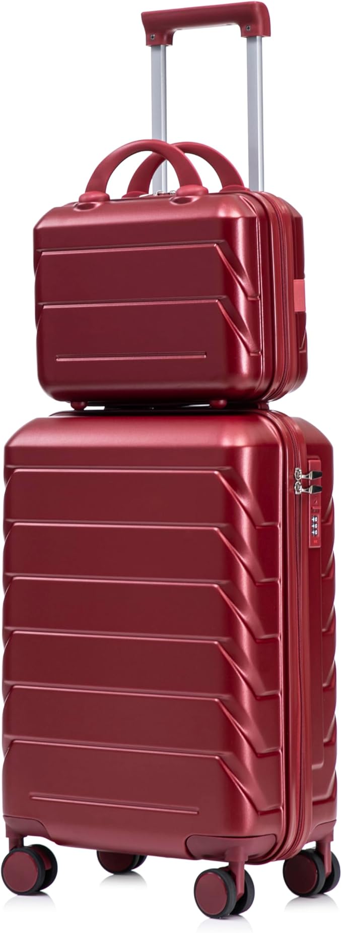 2-Piece ABS Hard Shell Lightweight Carry-On Luggage Set (14" & 20"), 360-Degree Spinner Wheels, Adjustable Telescopic Handle and Combination Lock for Travel, Wine Red
