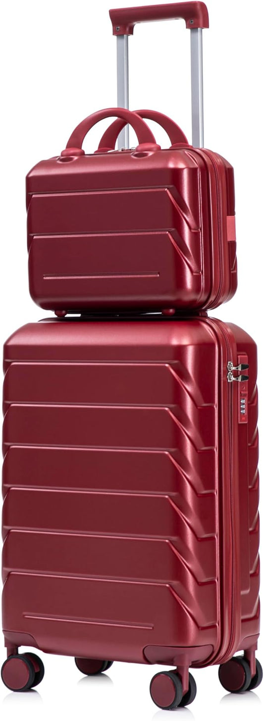 2-Piece ABS Hard Shell Lightweight Carry-On Luggage Set (14" & 20"), 360-Degree Spinner Wheels, Adjustable Telescopic Handle and Combination Lock for Travel, Wine Red