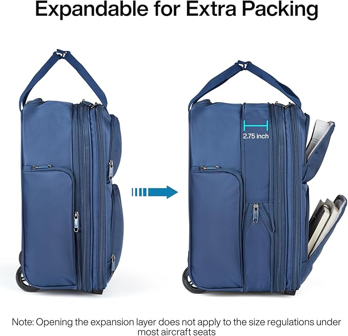 Hanke Expandable Underseat Carry on Luggage for Airplanes,Small Rolling Softside Suitcase Travel Luggage Personal Item Bag,Lightweight luggage bags for travel,Blue,16-Inch