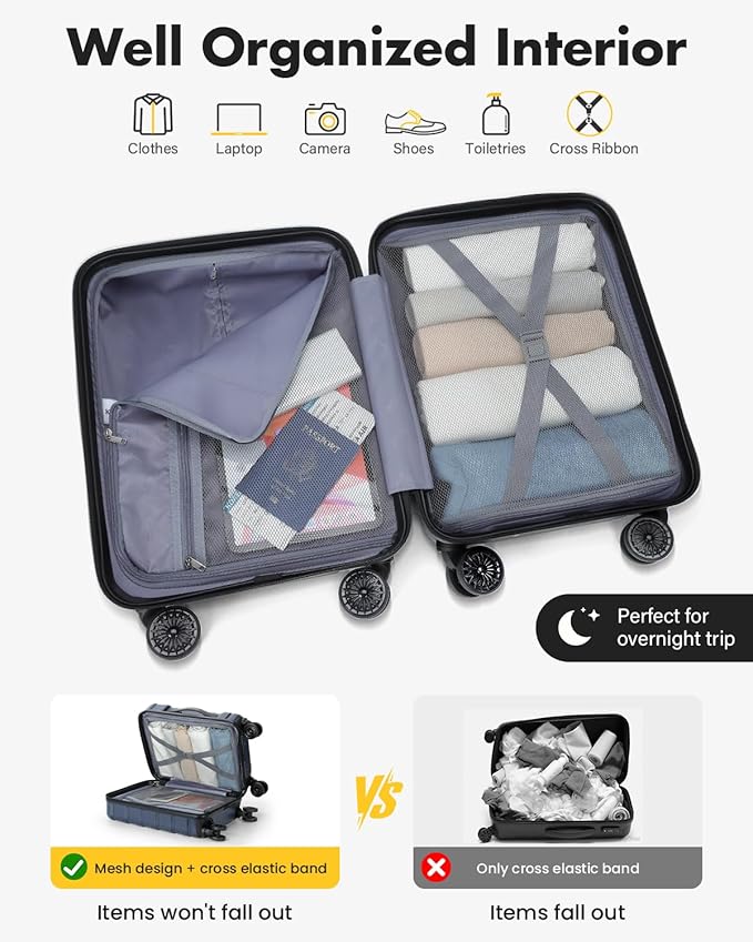 Lekesky Carry On Luggage 22x14x9 Airline Approved, 20 Inch Hard Shell Suitcase with TSA Lock, Lightweight Spinner Wheels Durable ABS Carry-On for Travel Weekend Trips Men Women, Blue