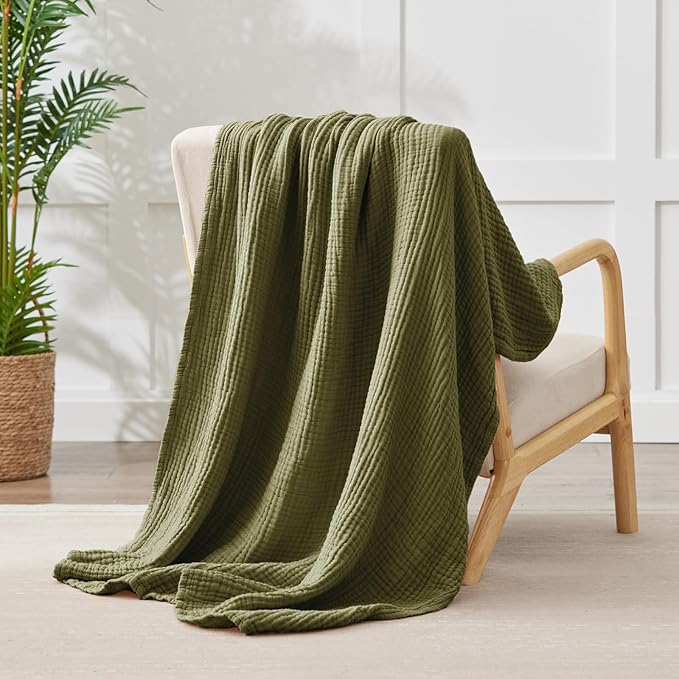 100% Cotton Muslin Blanket 40" x 40", Breathable and Lightweight Cotton Throw Blankets, Soft Cooling Summer Gauze Blanket for All Season, Oive Green