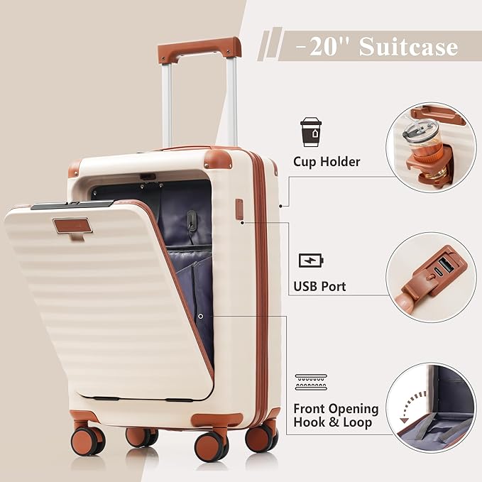 Merax Luggage Sets 3 Piece Front Opening, Hardside Lightweight Carry on Suitcase with Cup Holder USB Port,Durable Expandable Luggage with Bags Spinner Wheels and TSA Lock,White and Brown
