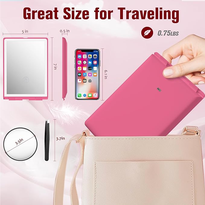 Travel Makeup Mirror with Lights Valentines Day Gifts for Her, Girlfriend, Wife, Birthday Gifts Rechargeable Portable Folding Compact LED Mirror Set with Tweezer 3 Color Light Modes-Rosy