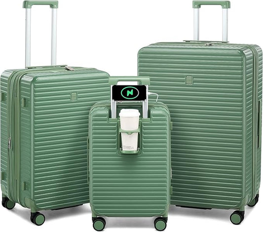 HanTrip Hard Shell Suitcases Expandable Travel Luggage Sets 3 Piece, Carry on and Check in 3 Piece Luggage Suitcase Sets with Spinner Wheels Cup Holder Charger Built in (Forest Green, 20/24/28)