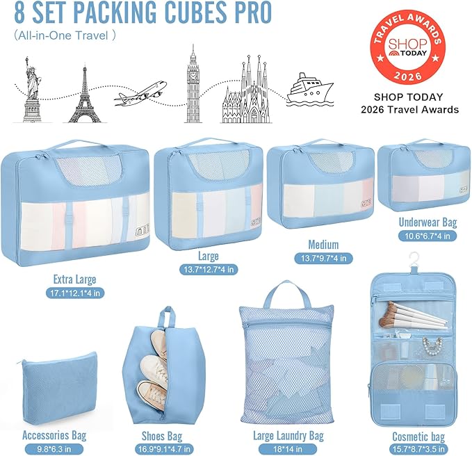 Veken 8 Set Packing Cubes for Travel Essentials, Suitcase Organizer Bags in 4 Sizes, Carry-On Luggage Accessories with Large Laundry & Hanging Toiletry Bag, Must-Have for Airplane, Road Trip & Camping