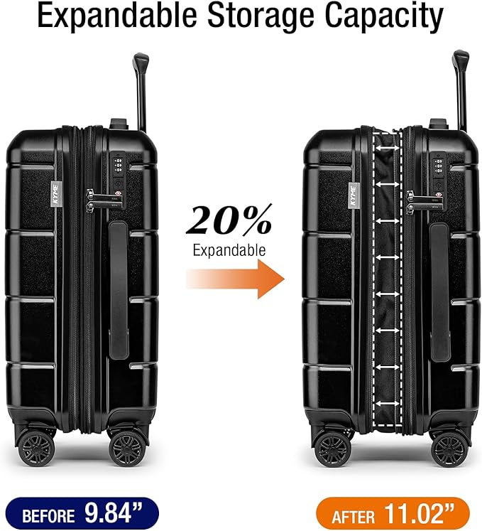 KYME Carry On Luggage 22x14x9 Airline Approved Expandable Hardshell 20 Inch Luggage with TSA Lock Carry-On Suitcase with Wheels Small Travel Rolling Luggage with Cup Holder Black