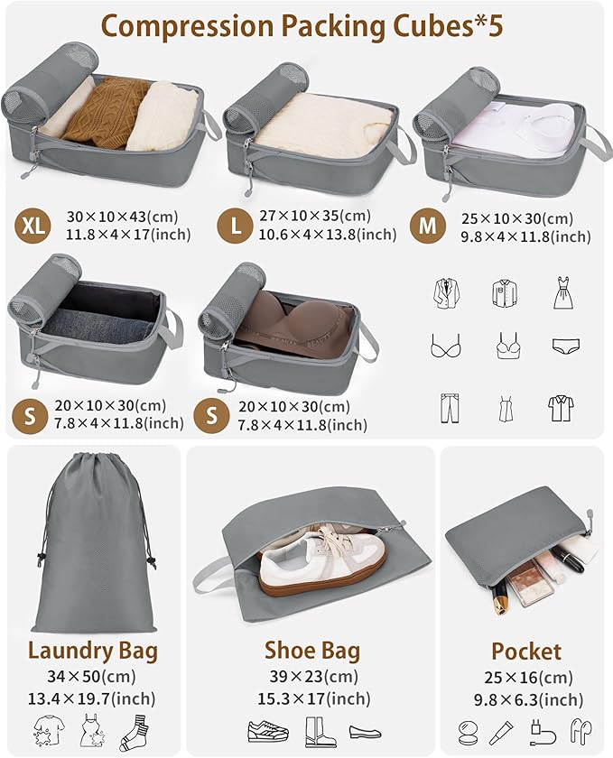 Compression Packing Cubes 8 Sets, Packing Organizers, Extensible Suitcase Organiser Bags, Travel Organizer Cubes for Travel Essentials Grey