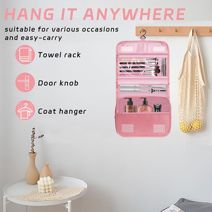 Toiletry Bag Travel Bag with Hanging Hook, Waterproof Capacity Hanging Multifunctional Makeup Bag for Toiletries, Portable Cosmetic Bag Travel Organizer for Women and Men(Pink)