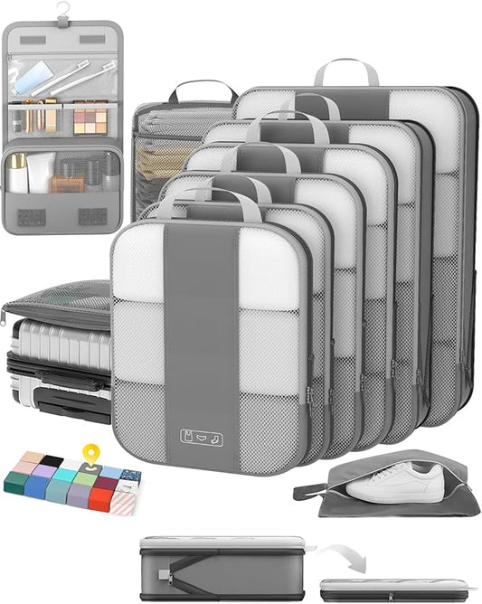10 Set Compression Packing Cubes for Travel Essentials,Compressible Expandable Packing Cubes for Suitcase,OlarHike Luggage Organizer Bags for Travel,Handy Helper for Organizing Clothes(Gray)