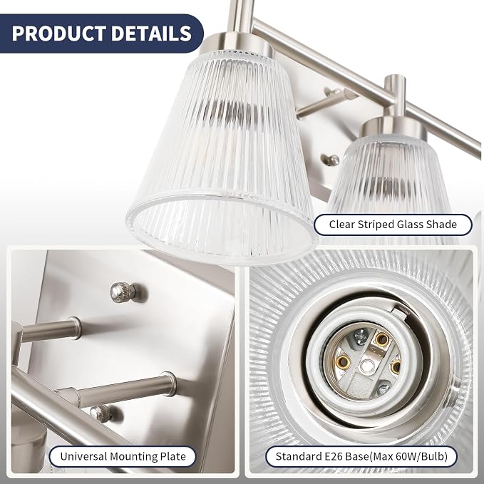 OCIOC Nickel Bathroom Vanity Light 3-Light Bathroom Light Fixtures Over Mirror Vanity Lighting Fixtures with Striped Glass Shade,17inch Modern Vanity Lights for Bathroom Wall Sconce Lights for Bedroom