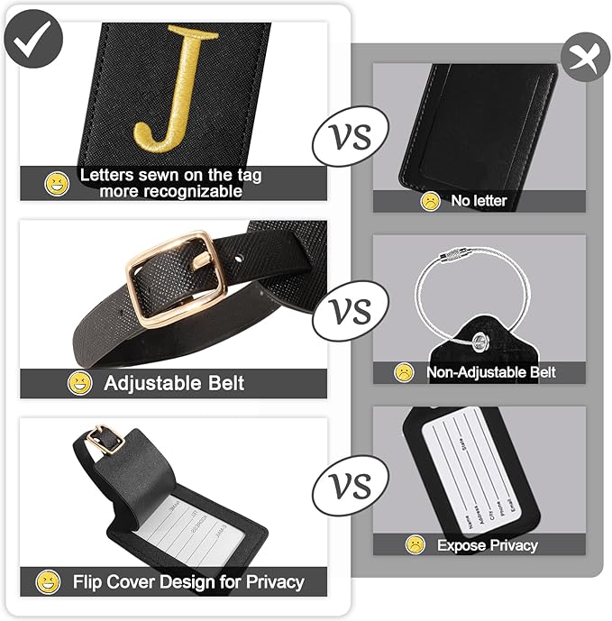Personalized Initial Luggage Tags for Suitcases, Cute PU Leather Embroidered Letter Travel Luggage Tags, Suitcase Identifier Name Baggage Tag, Bag Tags for Men Women Kids Luggage Handbags(Black J)