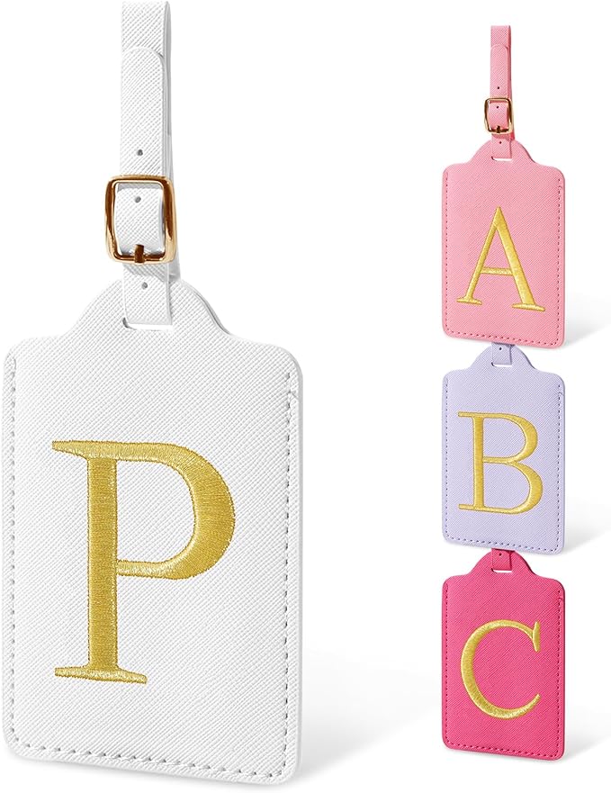 Initial Letter Luggage Tags for Suitcases, Personalized Embroidered Letter Luggage Bag Suitcase Identifier Name Tag, Cute PU Leather Travel Luggage Tags, Bag Tags for Luggage Handbags(White P)