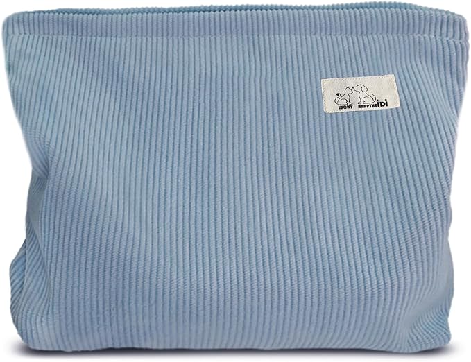 HAPPYHEIDI Large Corduroy Makeup Bag with Compartment Cosmetic Toiletry Travel Accessory Pouch Purse Organizer, Soft Misty Blue