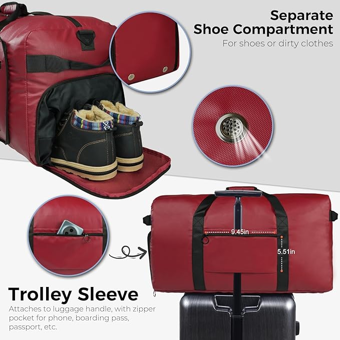 Fmeida 65L Duffle Bag with Shoes Compartment, Foldable Travel Duffel Bags for Men Women, Large Packable Travel Bag Water Repellent & Tear Resistant (Red)