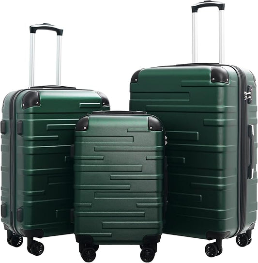 Coolife Hardside Luggage 3 Piece Set with TSA Lock, Spinner Wheels, Telescopic Handle, Lightweight Travel Suitcases (Dark Green, 3 piece set)