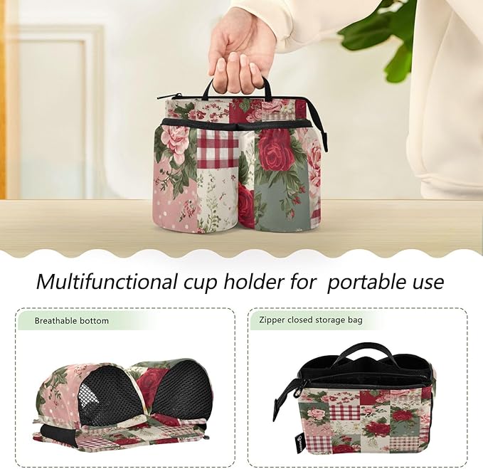 Luggage Cup Holder for Suitcases Free Hands Travel Cup Holder Portable Suitcase Cup Drink Holder Luggage Cup Caddy Bag Carrier Vintage Red Roses Patchwork