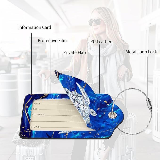 2 Pack Luggage Tag Blue sea Turtle Travel PU Cute Leather Luggage Tag Name ID Labels with Privacy Cover Suitcases Women Men Girls Boys Fun Laggage Tags (Blue sea Turtle)