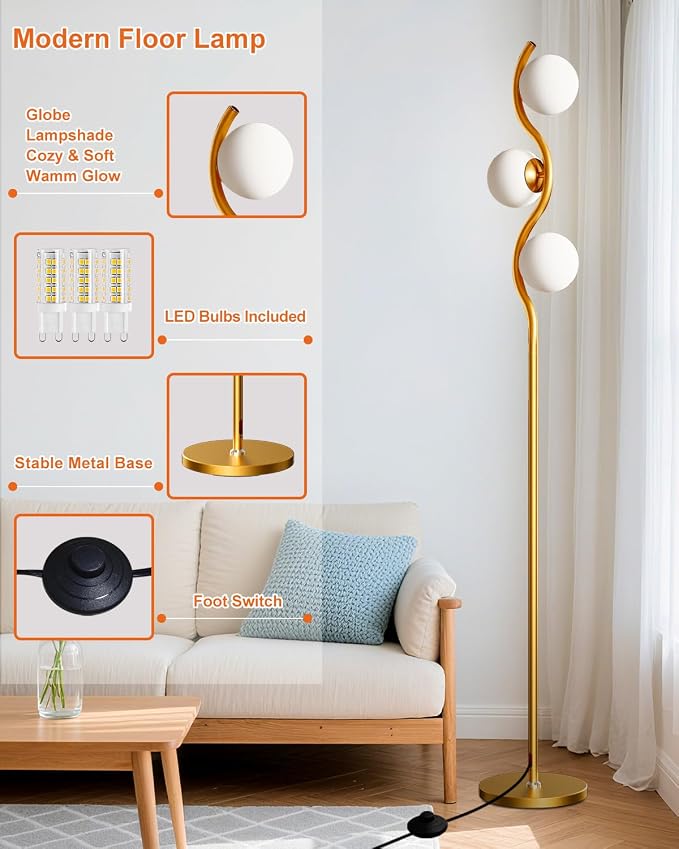 Lightdot Globe Floor Lamp for Living Room Mid Century Modern Floor Lamps with 3Pcs 3000K Soft Warm White Bulbs Included Gold Standing Lamp with 5Lbs Heavy Base for Bedroom/Sofa Beside/Corner Decor