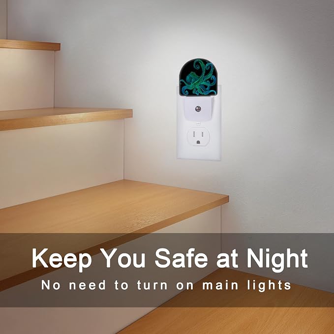 Green Octopus Night Light,Fish Sea Life Plug-in Wall Led Night Lights Decor for Boys Girls Room,Dusk to Dawn Sensor Wall Lamp for Stairway/Hallway/Kitchen,0.5W