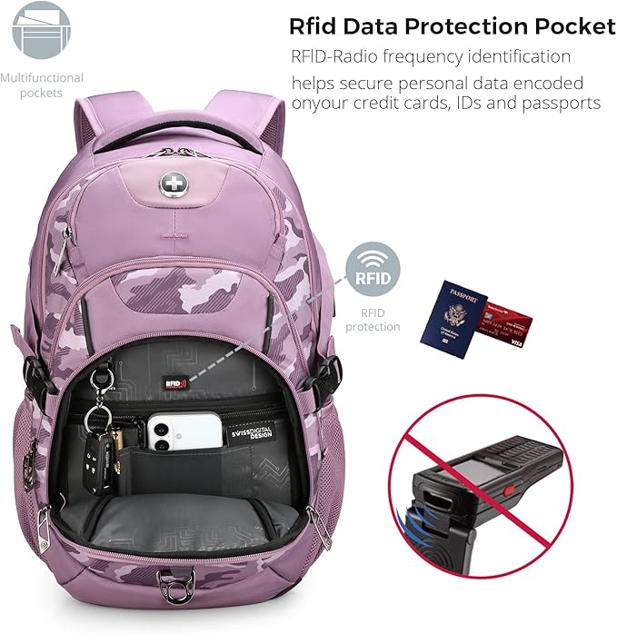 Swissdigital Design Laptop Backpack with USB Charging Port, Travel Backpack Fits 15.6 inches Computer, 31L College School Backpack for Men, Pink Camo | SD803-93